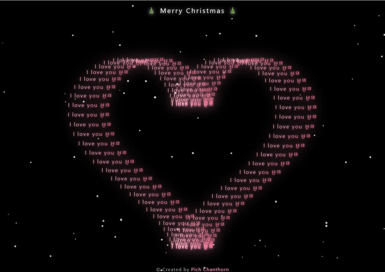 Christmas heart animation showing text following a heart-shaped SVG path with falling snow particles on a dark background