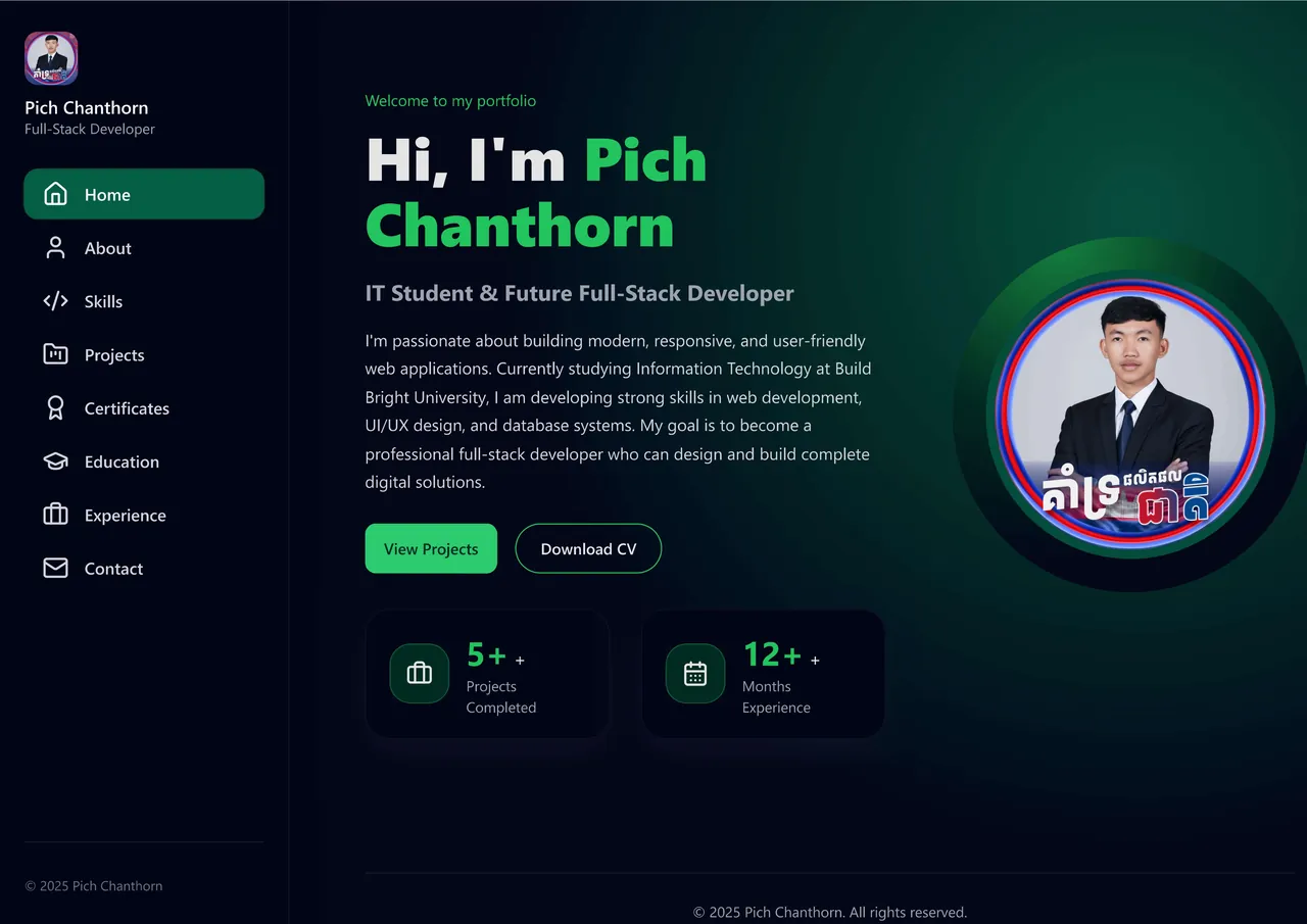 Pich Chanthorn personal portfolio website with dark theme, animated hero, skills section, and project showcase cards