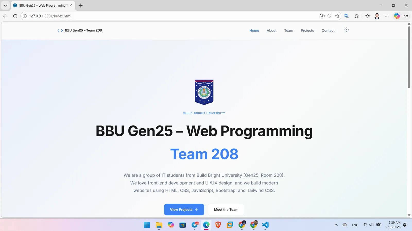 BBU Gen25 Team 208 portfolio website home page showing navigation, hero section with gradient text, and dark mode design